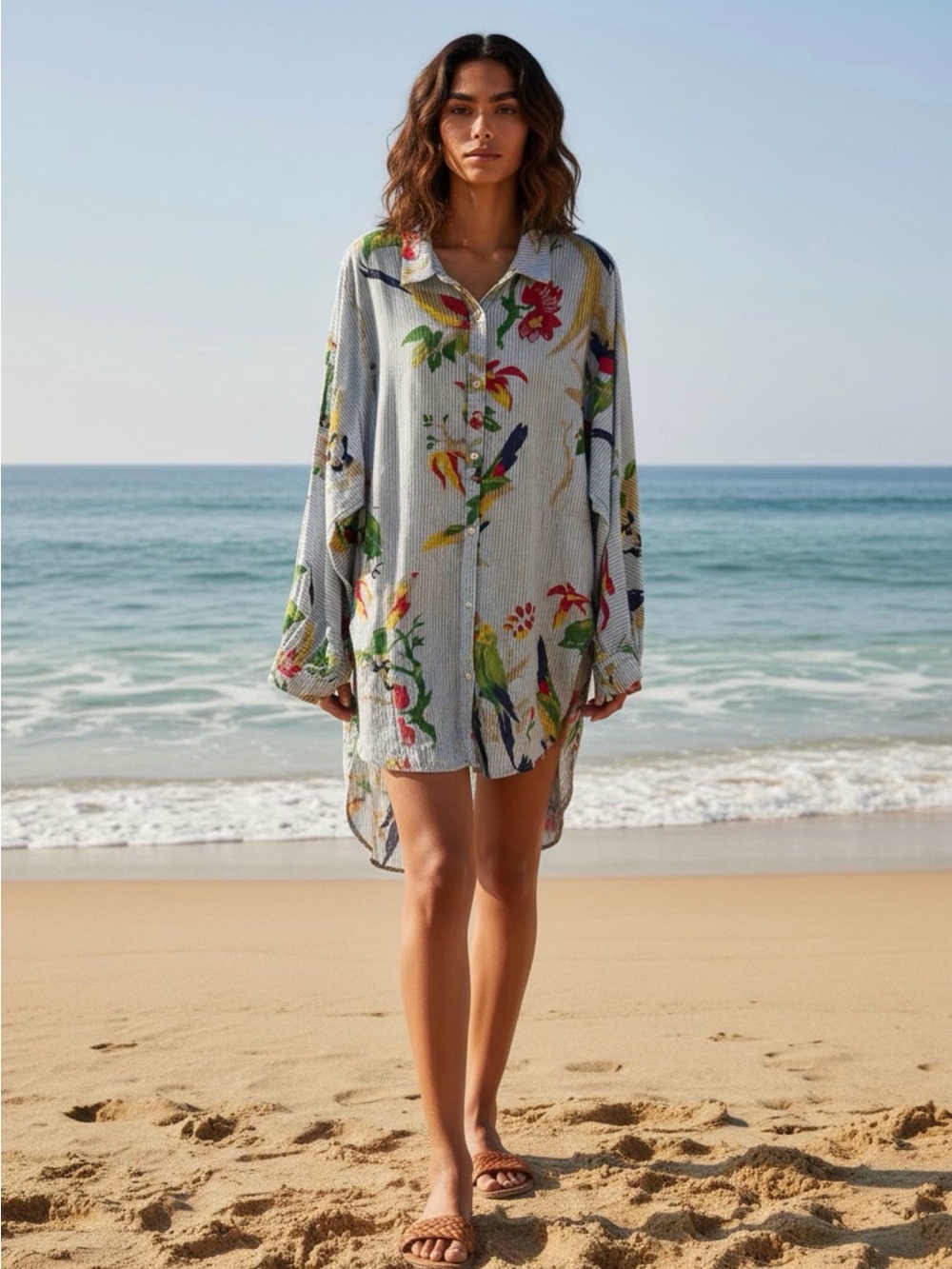 By Anthropologie - Striped Blue Multi Long-Sleeve Button-Front Floral Tunic